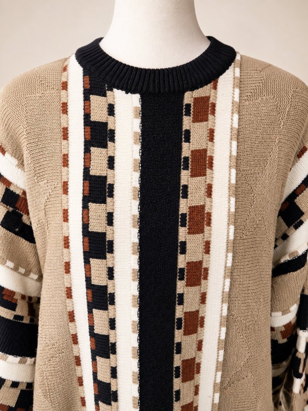 Bachrach Men’s XL Geometric Knit Sweater | Beige Black Brown Wool Blend - Picture 2 of 9